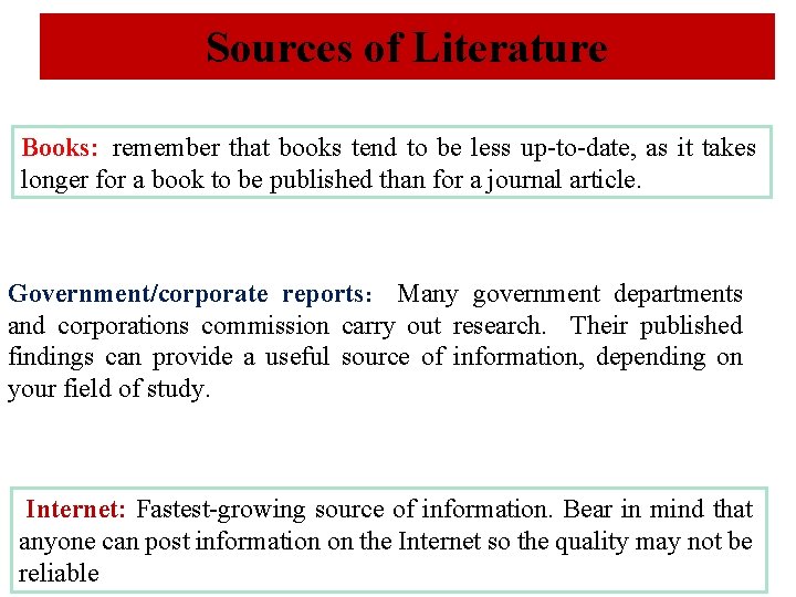Sources of Literature Books: remember that books tend to be less up-to-date, as it