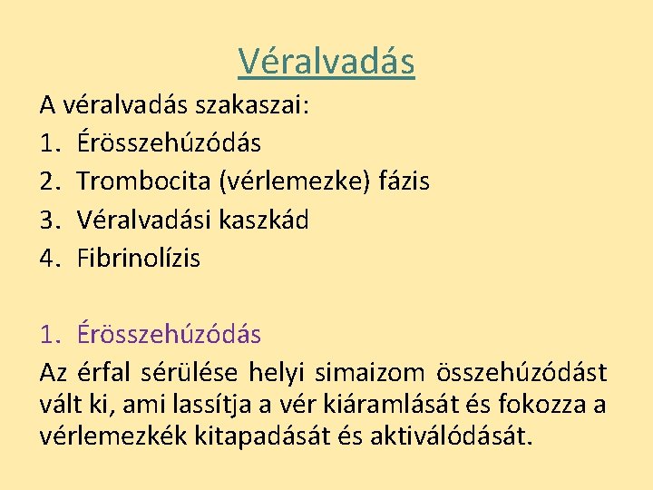 Véralvadás A véralvadás szakaszai: 1. Érösszehúzódás 2. Trombocita (vérlemezke) fázis 3. Véralvadási kaszkád 4.