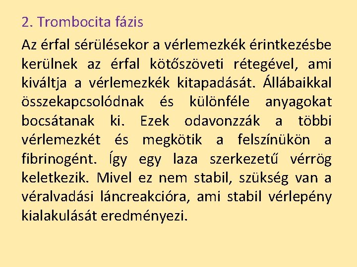 2. Trombocita fázis Az érfal sérülésekor a vérlemezkék érintkezésbe kerülnek az érfal kötőszöveti rétegével,