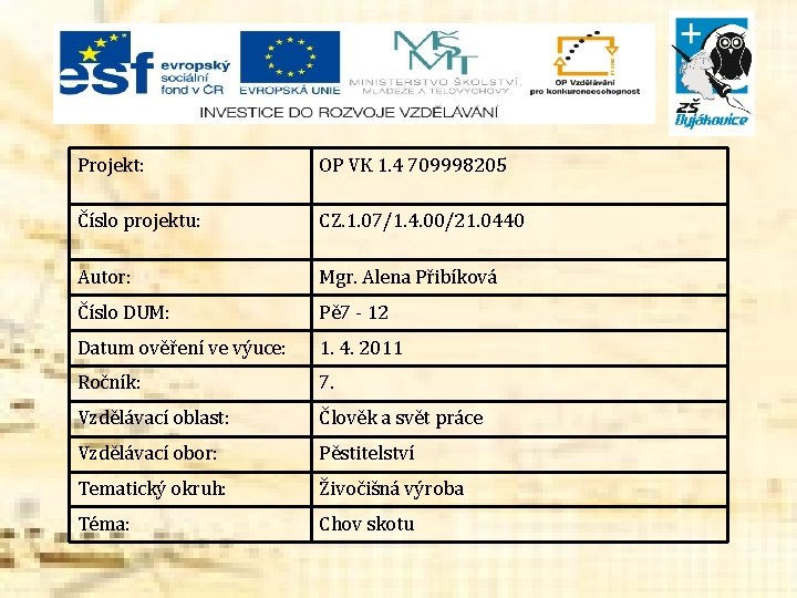 Projekt: OP VK 1. 4 709998205 Číslo projektu: CZ. 1. 07/1. 4. 00/21. 0440 Projekt: OP VK 1. 4 709998205 Číslo projektu: CZ. 1. 07/1. 4. 00/21. 0440
