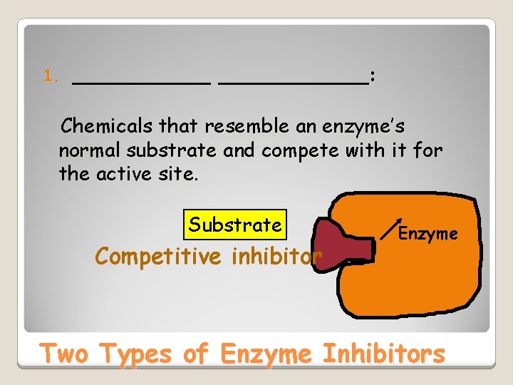 1. ____________: Chemicals that resemble an enzyme’s normal substrate and compete with it for