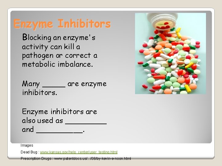 Enzyme Inhibitors Blocking an enzyme's activity can kill a pathogen or correct a metabolic