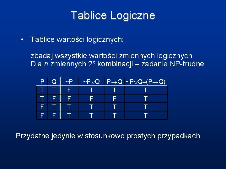 Tablice Logiczne • Tablice wartości logicznych: zbadaj wszystkie wartości zmiennych logicznych. Dla n zmiennych