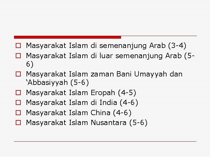 o Masyarakat Islam di semenanjung Arab (3 -4) o Masyarakat Islam di luar semenanjung