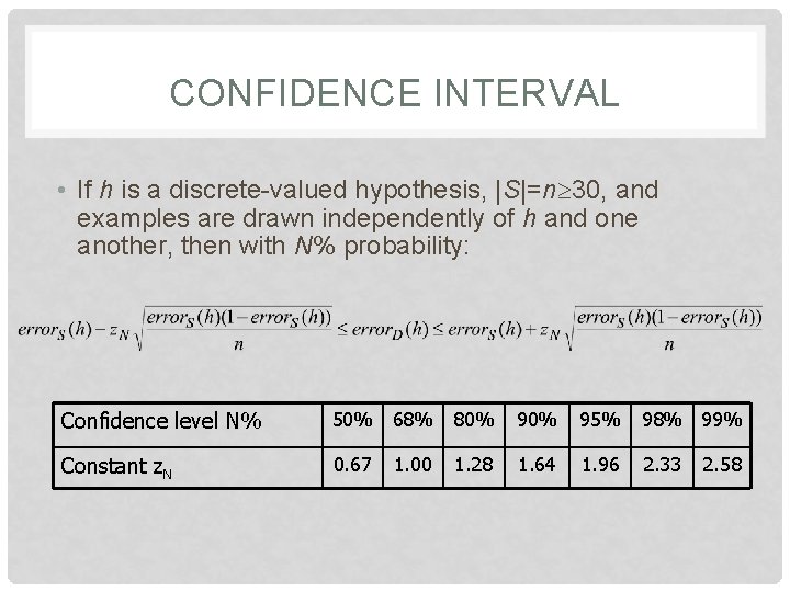 CONFIDENCE INTERVAL • If h is a discrete-valued hypothesis, |S|=n 30, and examples are