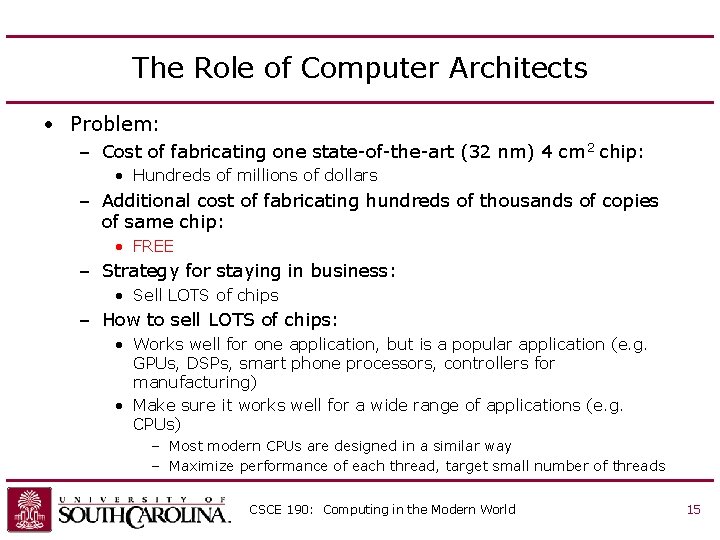 The Role of Computer Architects • Problem: – Cost of fabricating one state-of-the-art (32