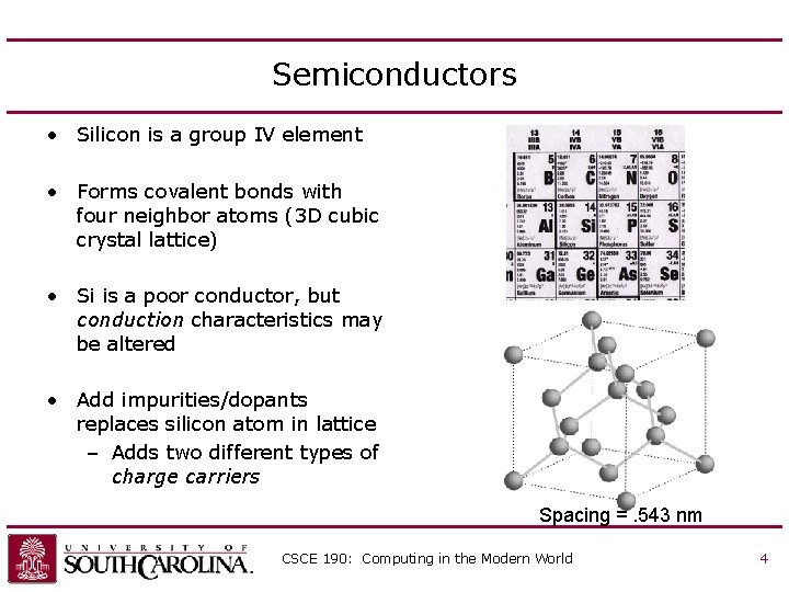 Semiconductors • Silicon is a group IV element • Forms covalent bonds with four