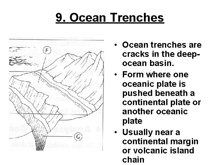 9. Ocean Trenches • Ocean trenches are cracks in the deepocean basin. • Form