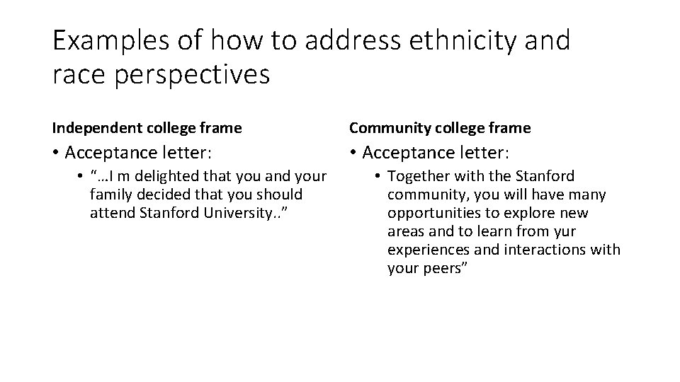 Examples of how to address ethnicity and race perspectives Independent college frame Community college