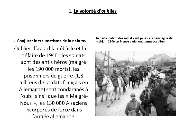 1. La volonté d’oublier - Conjurer le traumatisme de la défaite. Oublier d’abord la