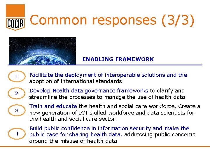 Common responses (3/3) ENABLING FRAMEWORK 1 Facilitate the deployment of interoperable solutions and the Common responses (3/3) ENABLING FRAMEWORK 1 Facilitate the deployment of interoperable solutions and the