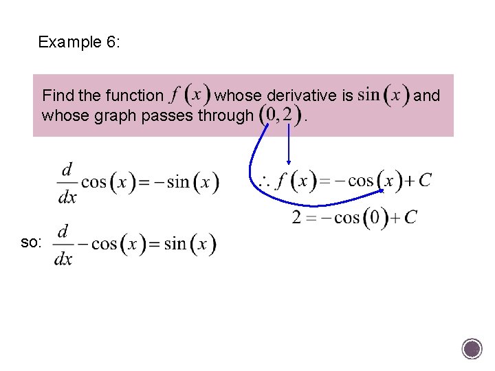 Example 6: Find the function whose derivative is whose graph passes through. and so: