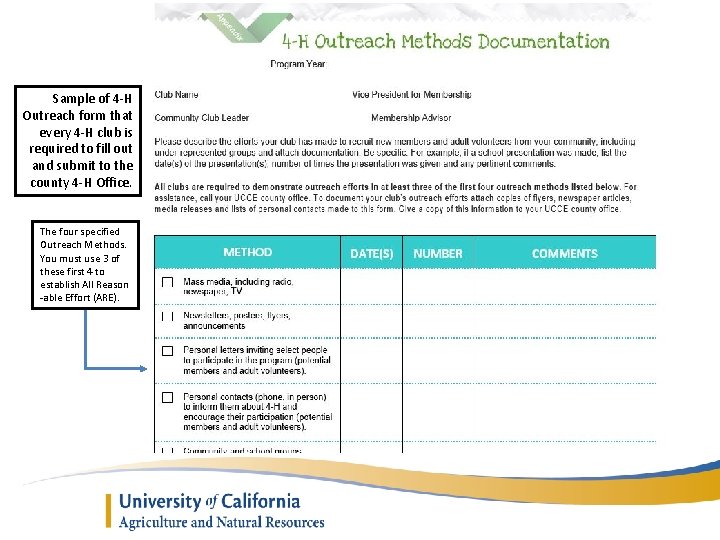 Sample of 4 -H Outreach form that every 4 -H club is required to