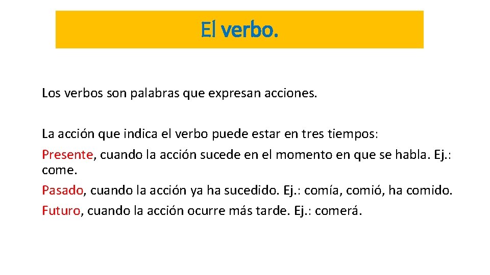 El verbo. Los verbos son palabras que expresan acciones. La acción que indica el