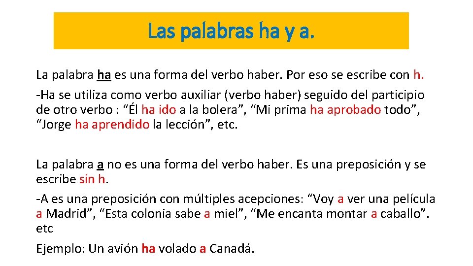 Las palabras ha y a. La palabra ha es una forma del verbo haber.