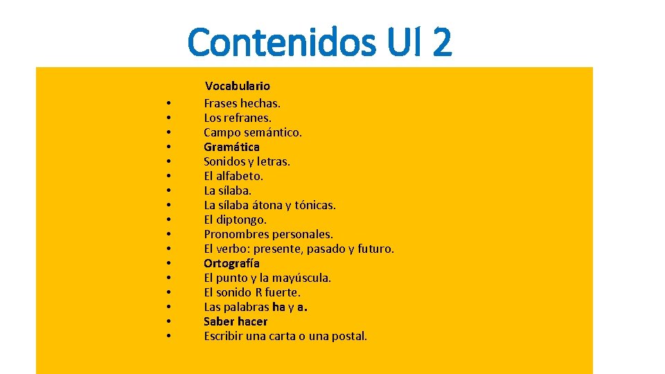Contenidos UI 2 • • • • • Vocabulario Frases hechas. Los refranes. Campo