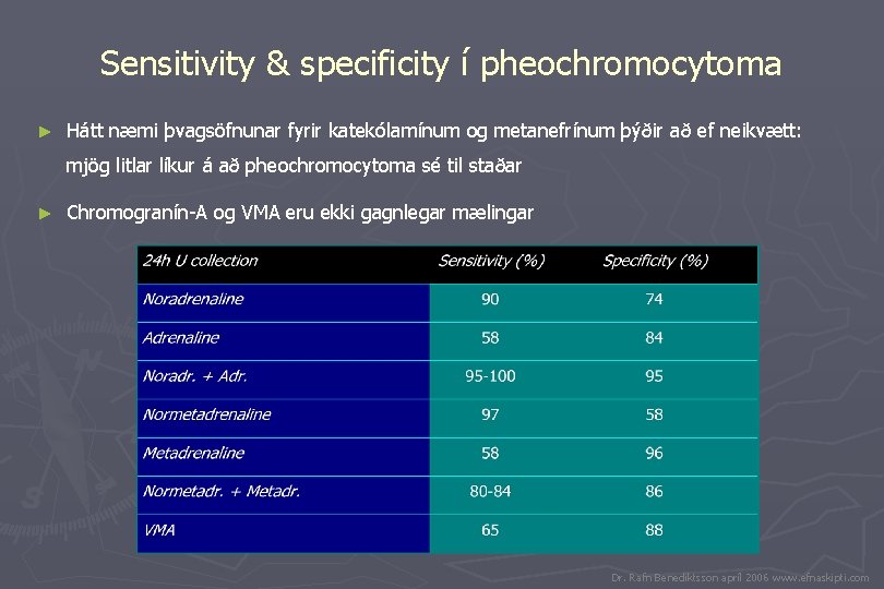 Sensitivity & specificity í pheochromocytoma ► Hátt næmi þvagsöfnunar fyrir katekólamínum og metanefrínum þýðir