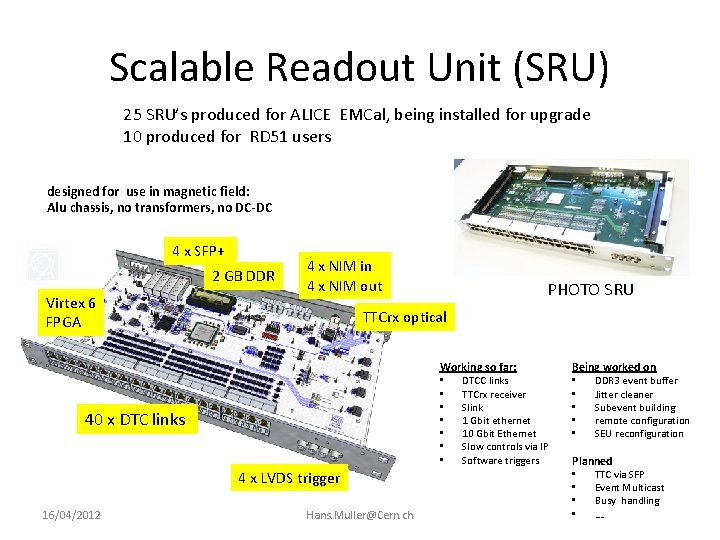 Scalable Readout Unit (SRU) 25 SRU’s produced for ALICE EMCal, being installed for upgrade