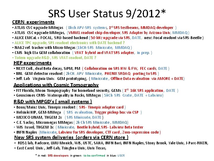 SRS User Status 9/2012* CERN experiments • ATLAS CSC upgrade MMegas ( 8 kch