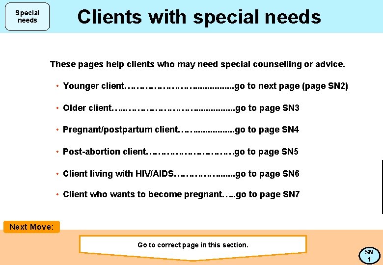 Clients with special needs Special needs These pages help clients who may need special