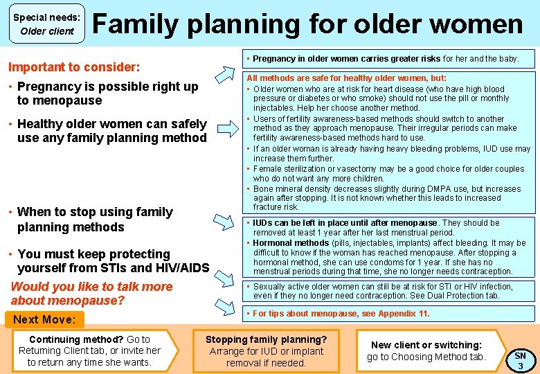 Special needs: Older client Family planning for older women • Pregnancy in older women