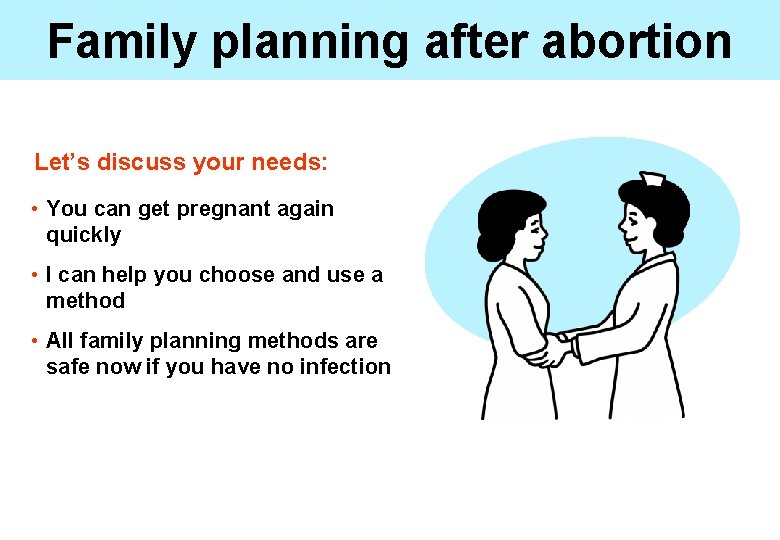 Family planning after abortion Let’s discuss your needs: • You can get pregnant again