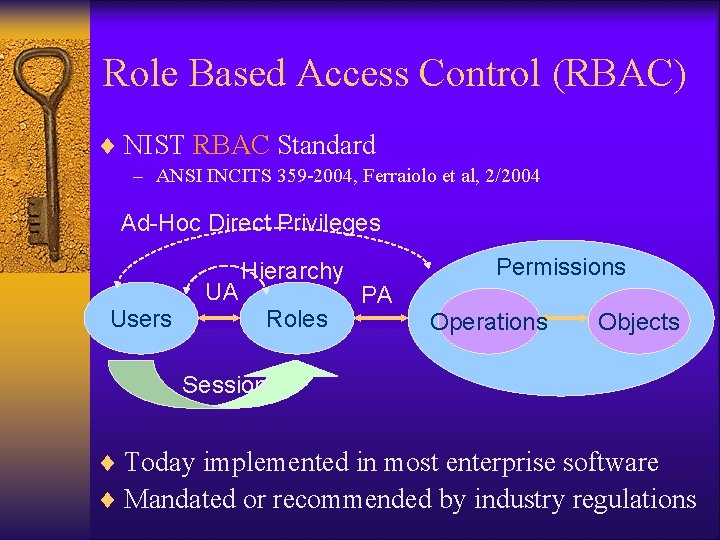 Role Based Access Control (RBAC) ¨ NIST RBAC Standard – ANSI INCITS 359 -2004, Role Based Access Control (RBAC) ¨ NIST RBAC Standard – ANSI INCITS 359 -2004,