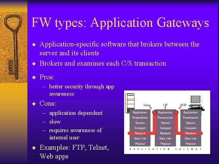 FW types: Application Gateways ¨ Application-specific software that brokers between the server and its FW types: Application Gateways ¨ Application-specific software that brokers between the server and its