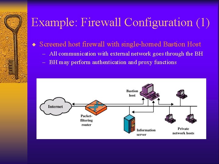 Example: Firewall Configuration (1) ¨ Screened host firewall with single-homed Bastion Host – All Example: Firewall Configuration (1) ¨ Screened host firewall with single-homed Bastion Host – All