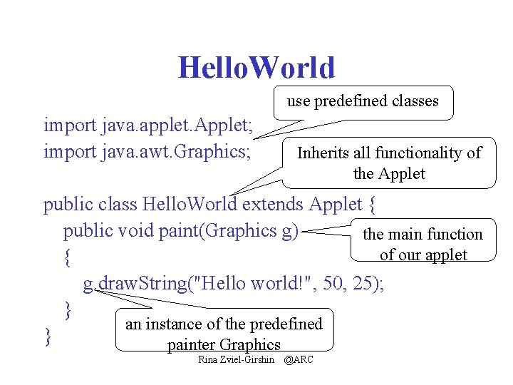 Hello. World use predefined classes import java. applet. Applet; import java. awt. Graphics; Inherits