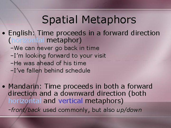 Spatial Metaphors • English: Time proceeds in a forward direction (horizontal metaphor) –We can