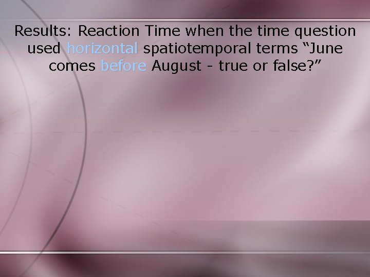 Results: Reaction Time when the time question used horizontal spatiotemporal terms “June comes before