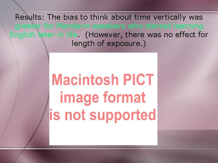 Results: The bias to think about time vertically was greater for Mandarin speakers who