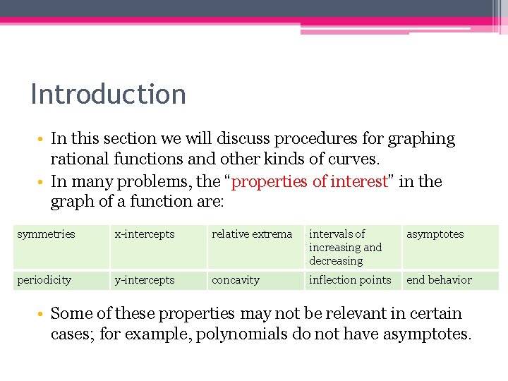 Introduction • In this section we will discuss procedures for graphing rational functions and