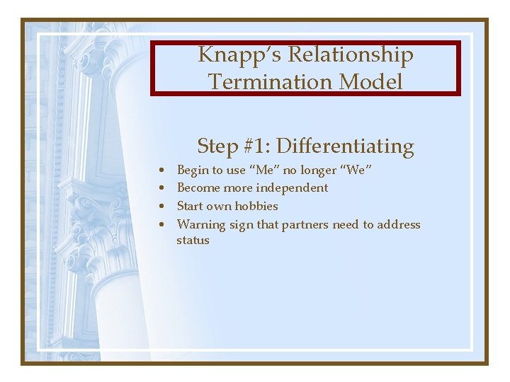 Knapp’s Relationship Termination Model Step #1: Differentiating • • Begin to use “Me” no