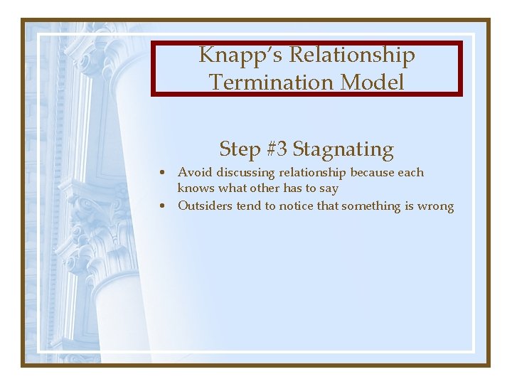 Knapp’s Relationship Termination Model Step #3 Stagnating • Avoid discussing relationship because each knows