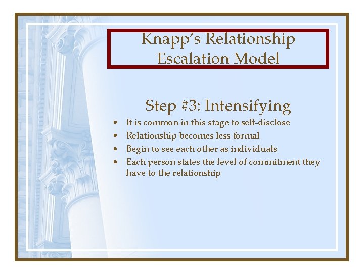 Knapp’s Relationship Escalation Model Step #3: Intensifying • • It is common in this