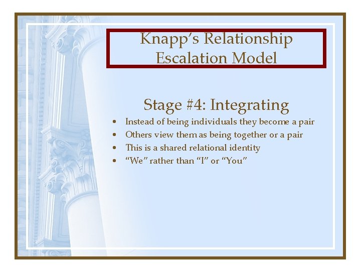 Knapp’s Relationship Escalation Model Stage #4: Integrating • • Instead of being individuals they