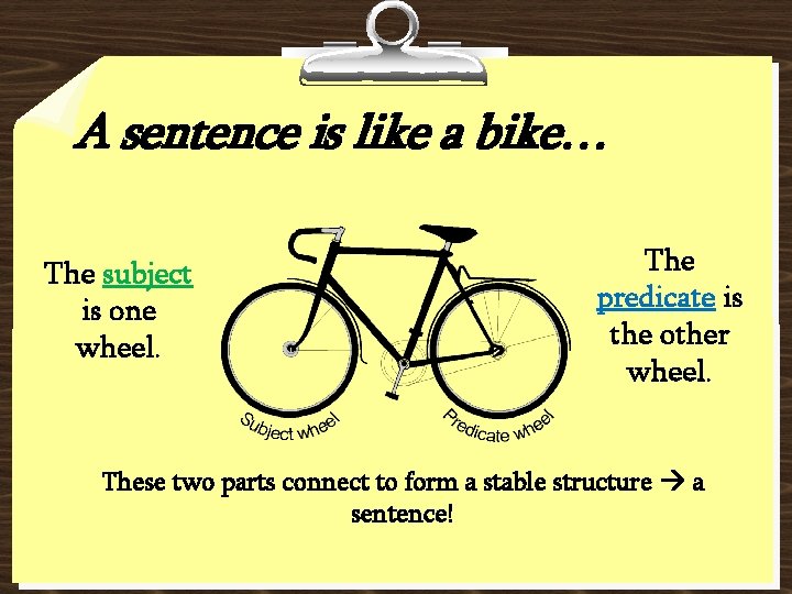 A sentence is like a bike… The subject is one wheel. The predicate is