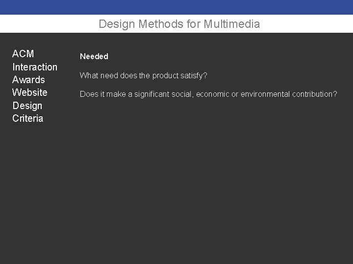 Design Methods for Multimedia ACM Interaction Awards Website Design Criteria Needed What need does