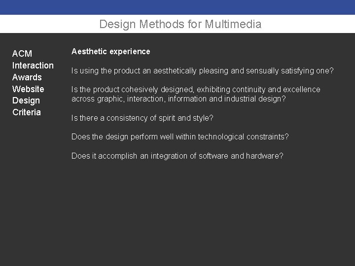 Design Methods for Multimedia ACM Interaction Awards Website Design Criteria Aesthetic experience Is using