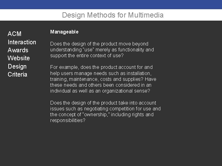 Design Methods for Multimedia ACM Interaction Awards Website Design Criteria Manageable Does the design