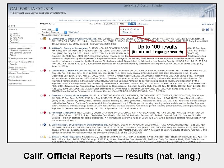 Up to 100 results (for natural language search) Calif. Official Reports — results (nat.
