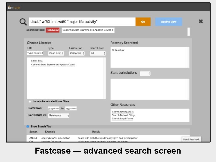 Terms & Connectors or Natural Language Fastcase — advanced search screen 
