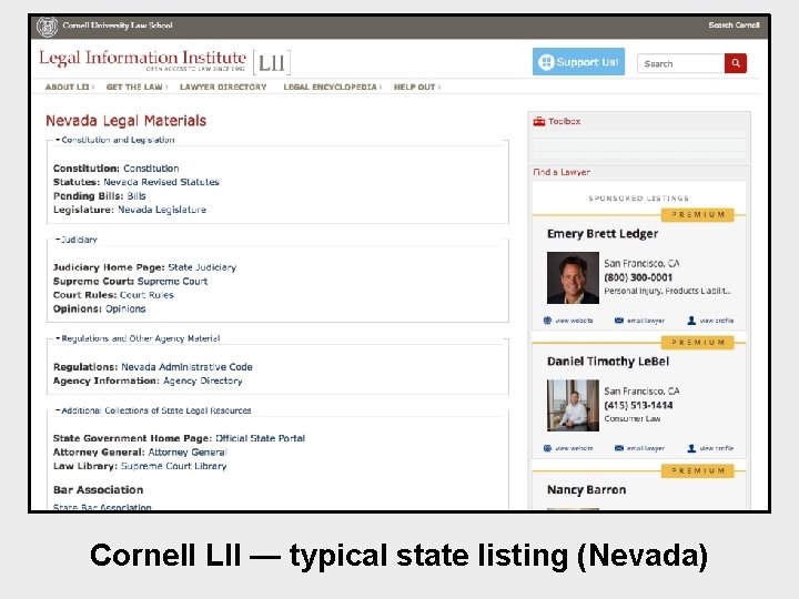 Cornell LII — typical state listing (Nevada) 