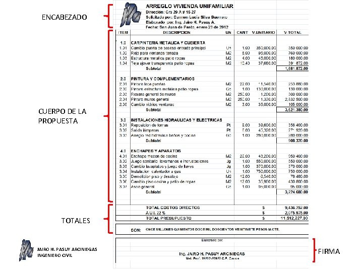 ENCABEZADO CUERPO DE LA PROPUESTA TOTALES JAIRO H. PASUY ARCINIEGAS INGENIERO CIVIL FIRMA 