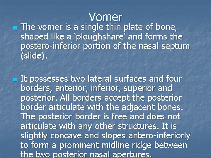 Vomer n n The vomer is a single thin plate of bone, shaped like