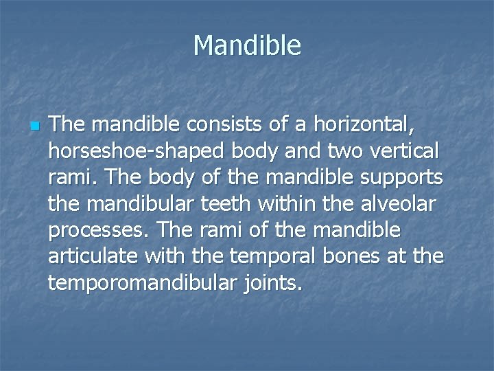 Mandible n The mandible consists of a horizontal, horseshoe-shaped body and two vertical rami.