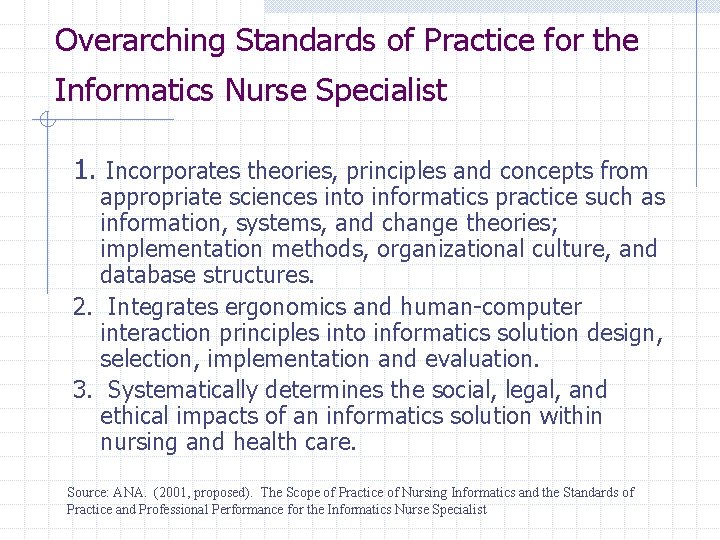 Overarching Standards of Practice for the Informatics Nurse Specialist 1. Incorporates theories, principles and