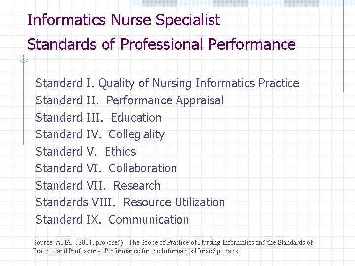 Informatics Nurse Specialist Standards of Professional Performance Standard I. Quality of Nursing Informatics Practice